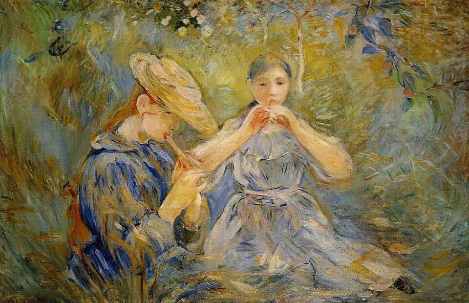 Two young figures seated outdoors, one playing a wind instrument, in Berthe Morisot's painting The Flute Player
